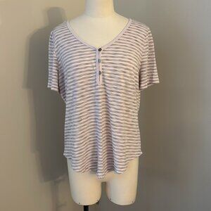 Denver Hayes Pale Pink and Grey Striped Short Sleeve V-Neck Top Sz L
